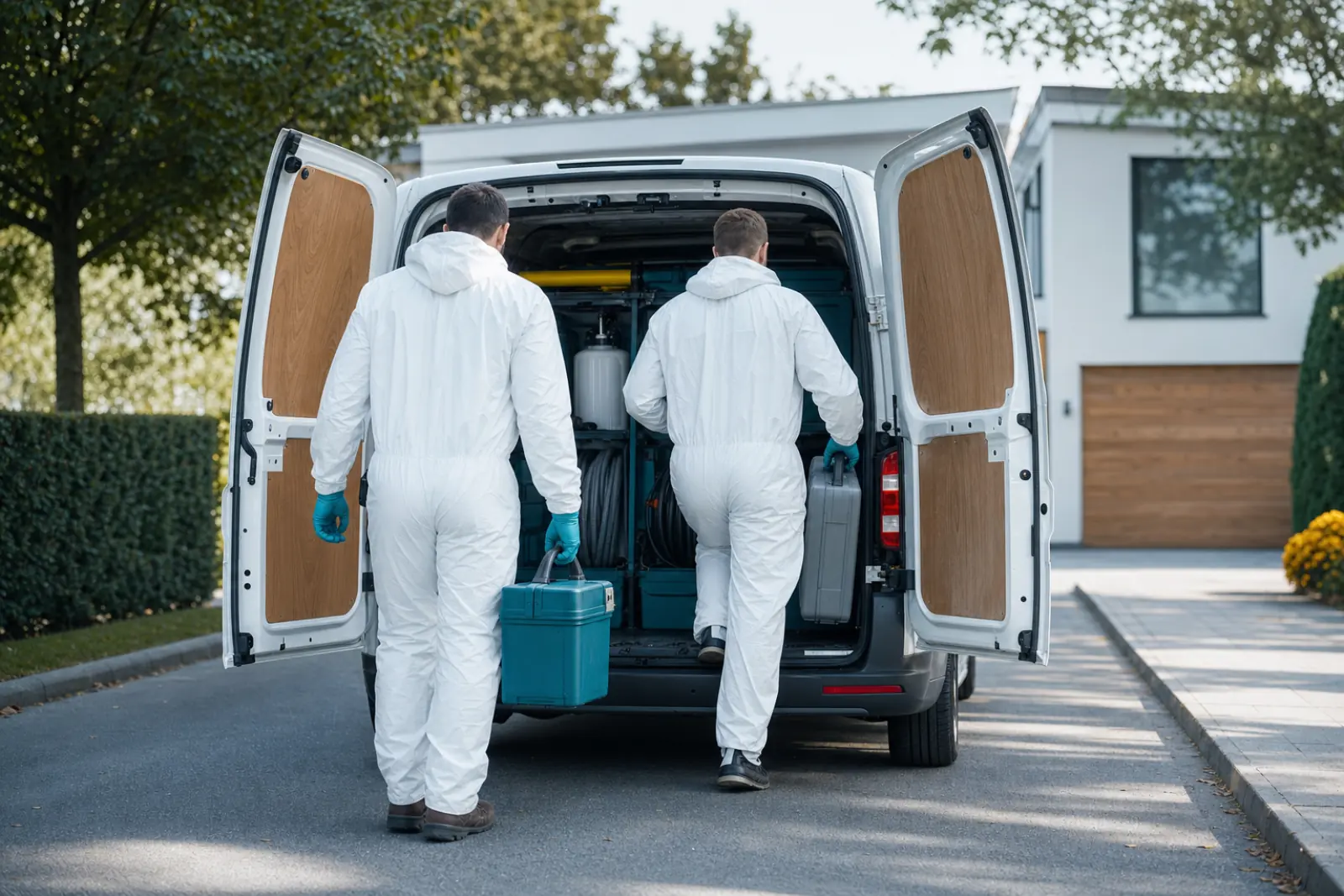 Бригада ДЕЗ-ЭКО загружает оборудование в служебный автомобиль перед выездом в Сургуте